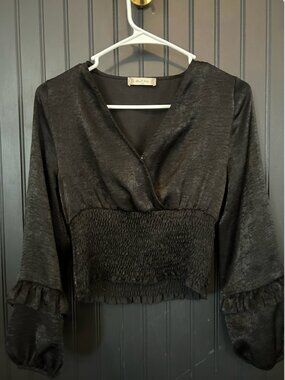 Black Ruffle Long Sleeve Smocked Blouse